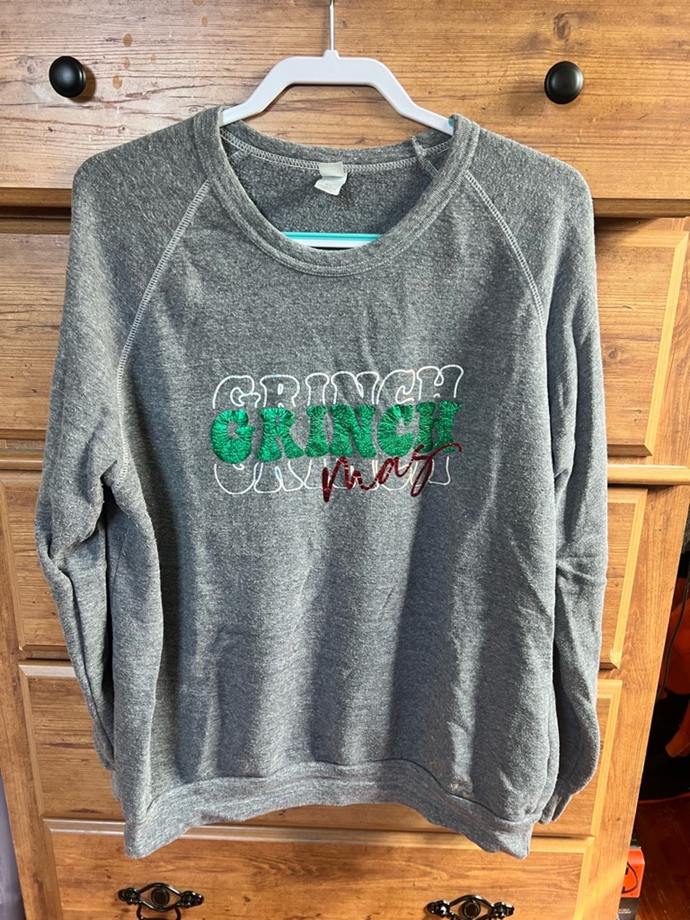 Alternative Gray Crewneck Sweatshirt with Green and Red 'Grinch' Graphic